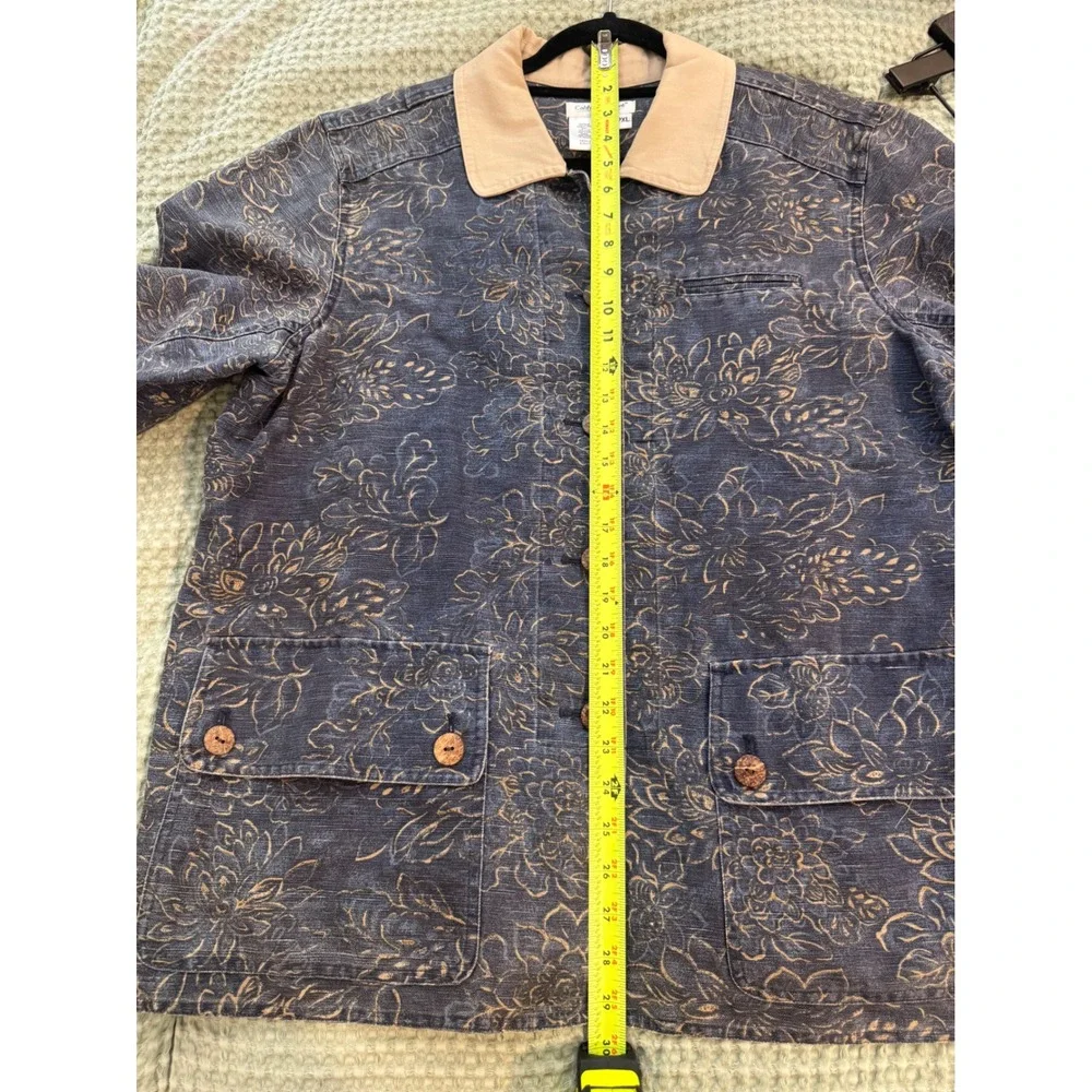 Coldwater Creek Womens PXL Linen Cotton Floral Chore Jacket Navy Tan Barn Coat